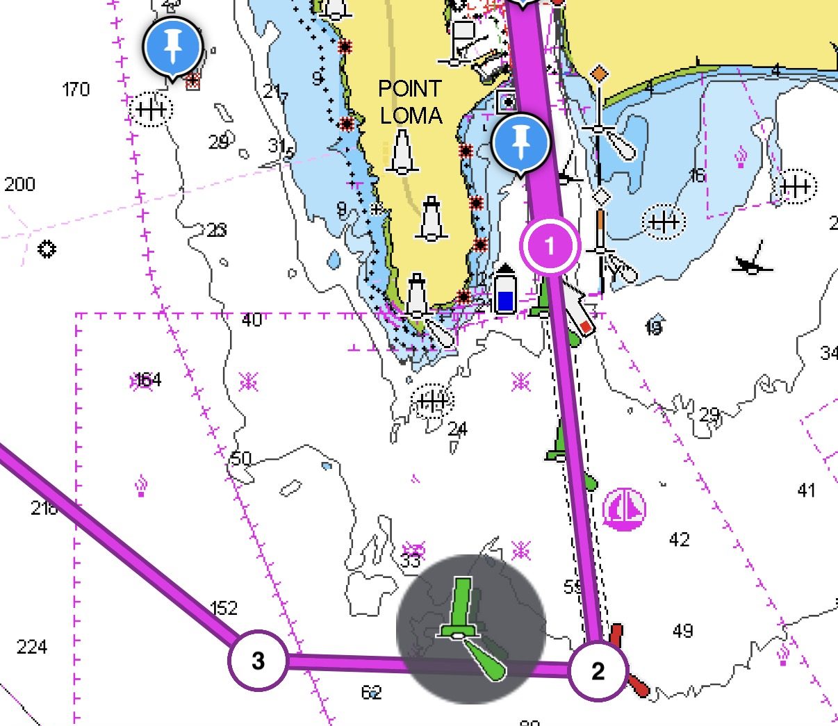 Chartplotter showing a plotted route into the San Diego Bay approach past Point Loma, with numbered waypoints and the approach buoys marked.